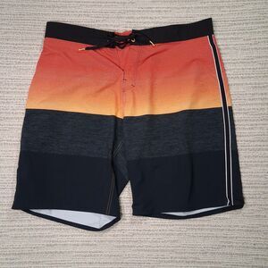 BURNSIDE MENS BOARD SHORTS SWIM TRUNKS SIZE 36 ORANGE BLACK STRIPE QUICK DRY...